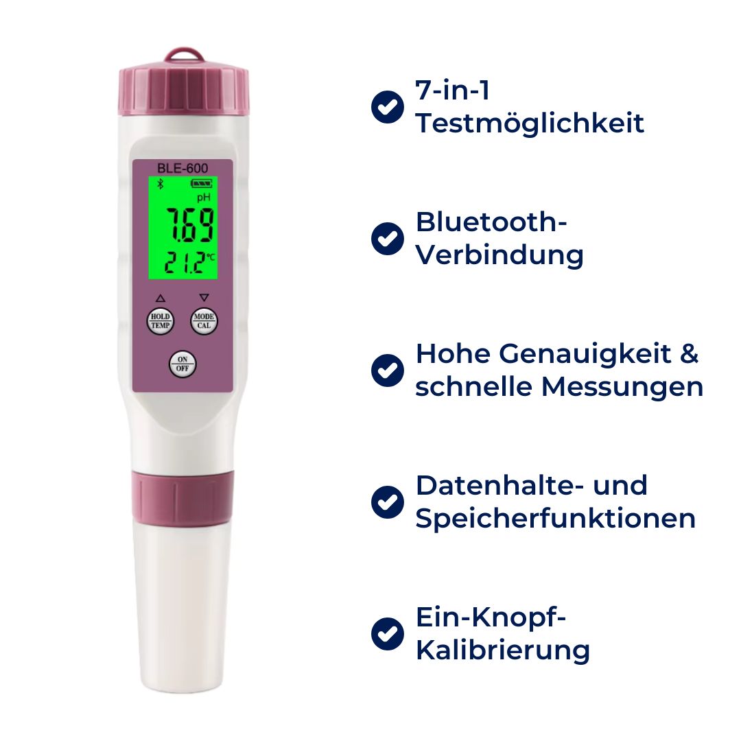 AquaCheck 7-in-1 Wasserqualitätstester – pH, TDS, EC, Temperatur, ORP, Chlor – Für Trinkwasser, Pool, Aquarium, Spa