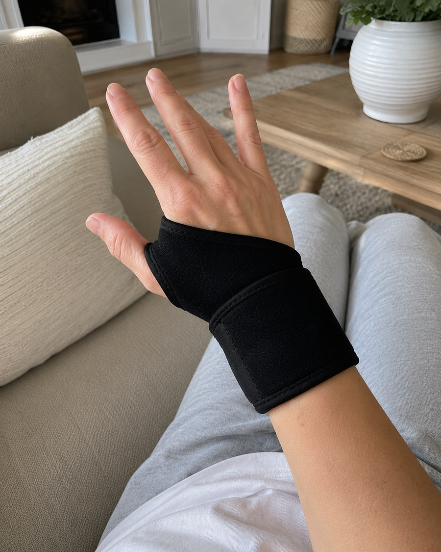 Verstellbare Unterstützung für beanspruchte Handgelenke — bequem, flexibel und alltagstauglich.