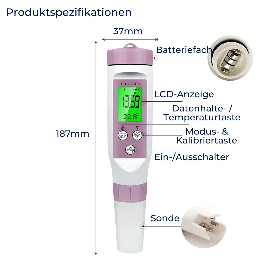 AquaCheck 7-in-1 Wasserqualitätstester – pH, TDS, EC, Temperatur, ORP, Chlor – Für Trinkwasser, Pool, Aquarium, Spa