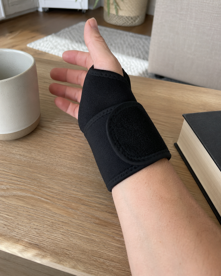 Verstellbare Unterstützung für beanspruchte Handgelenke — bequem, flexibel und alltagstauglich.