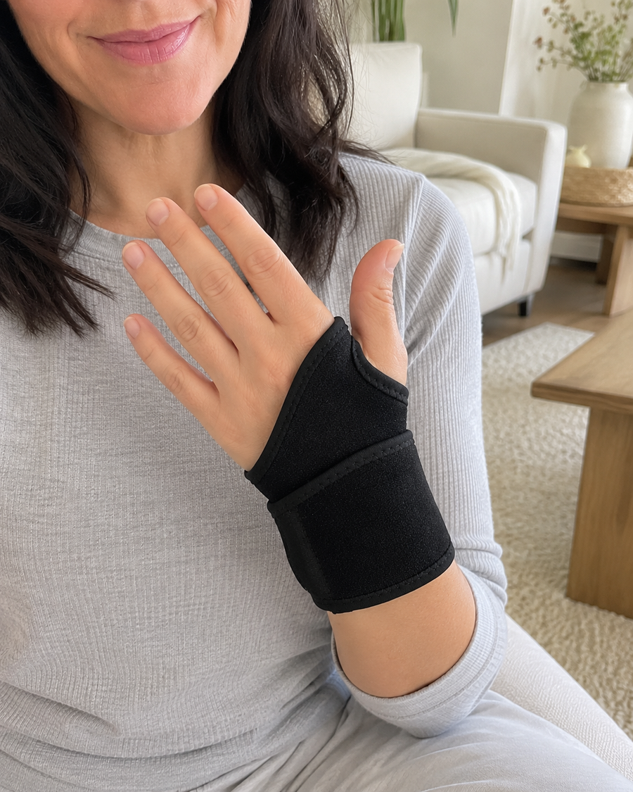 Verstellbare Unterstützung für beanspruchte Handgelenke — bequem, flexibel und alltagstauglich.