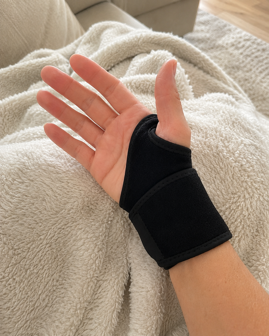 Verstellbare Unterstützung für beanspruchte Handgelenke — bequem, flexibel und alltagstauglich.